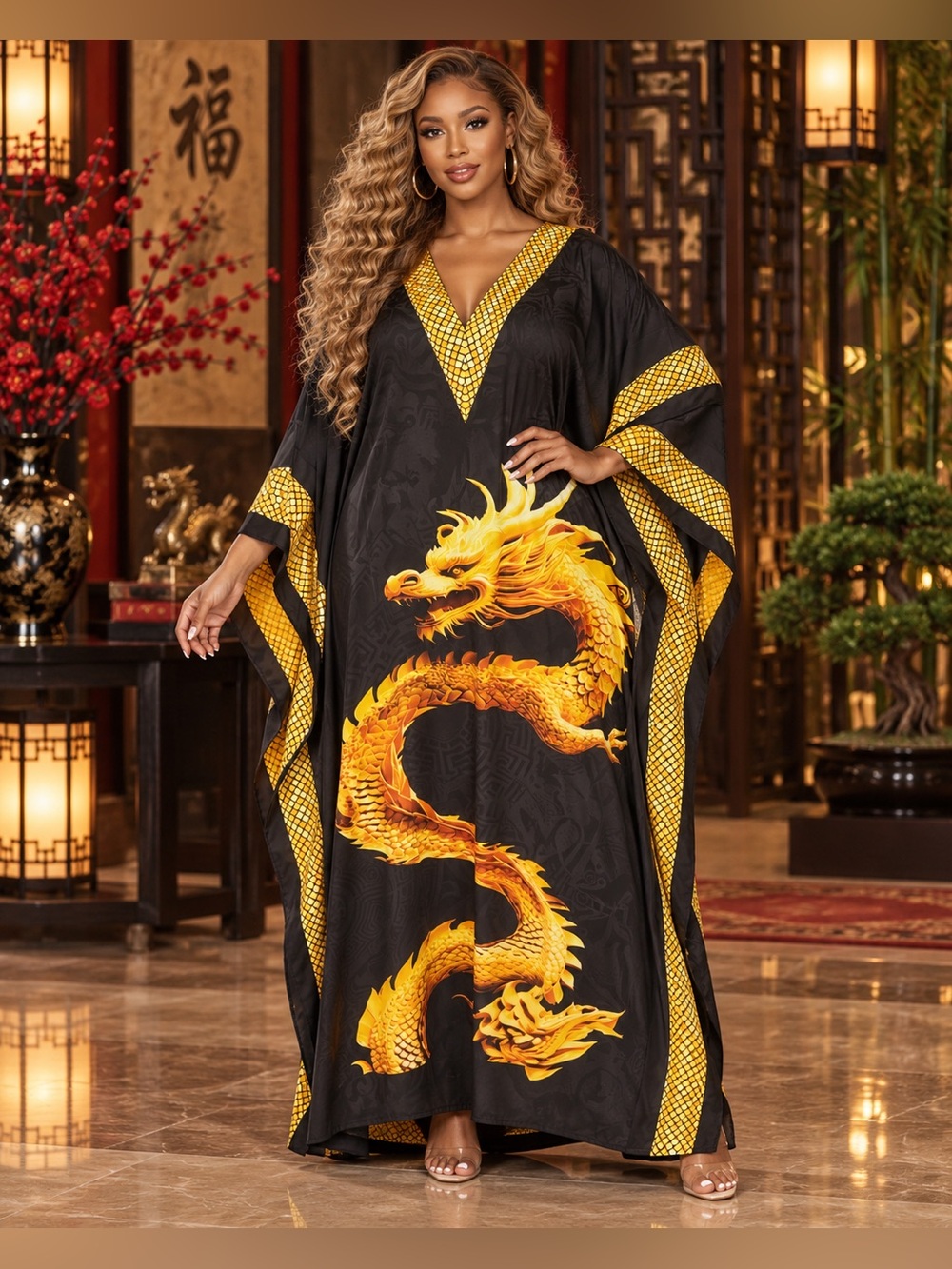 Black & Gold Dragon Print Kaftan Dress